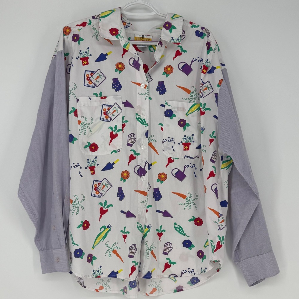 C.S.T. Sport Button Down Shirt Womens 24W White Garden Print Novelty 90s Vintage